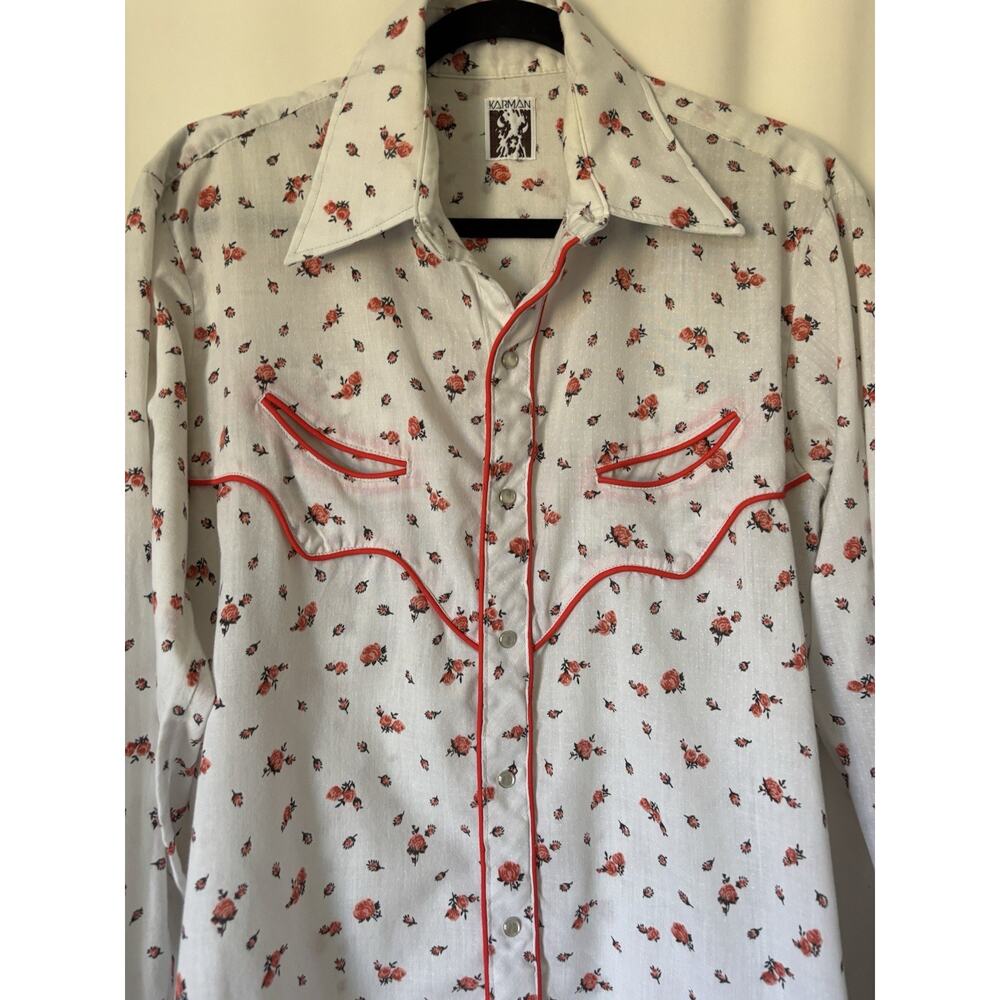Vtg Karman Western Shirt Small Mens Snap Button Up White Floral - Picture 2 of 8
